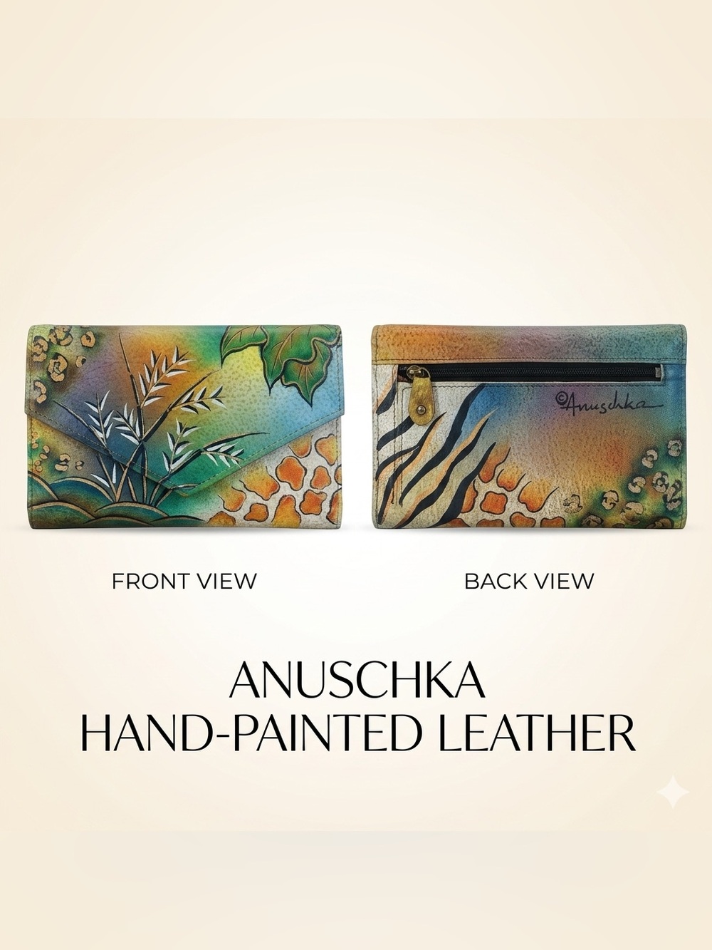 Anuschka Genuine Leather Hand-Painted Safari Trifold Wallet Check Book Insert